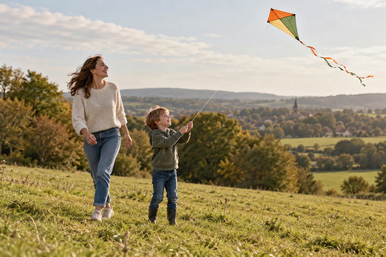 A mother and son flying a kite in the countryside.
