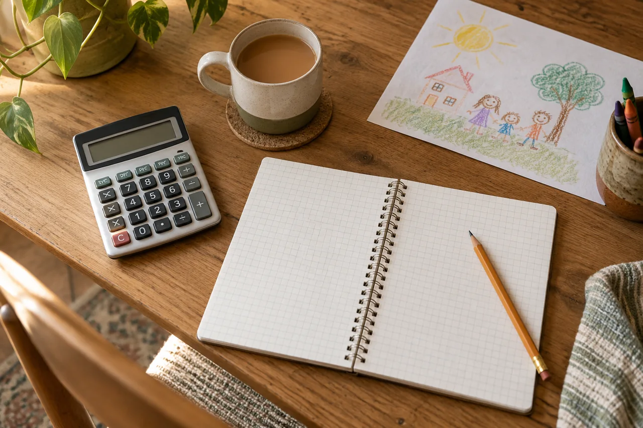 A notebook, calculator and child’s drawing on a wooden desk.