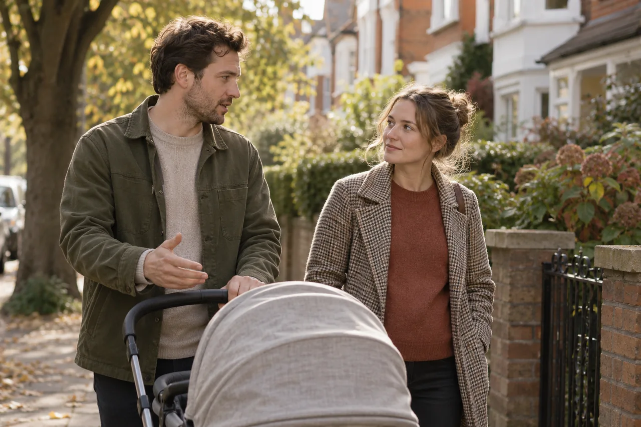 Two parents talking on a walk with a pushchair.