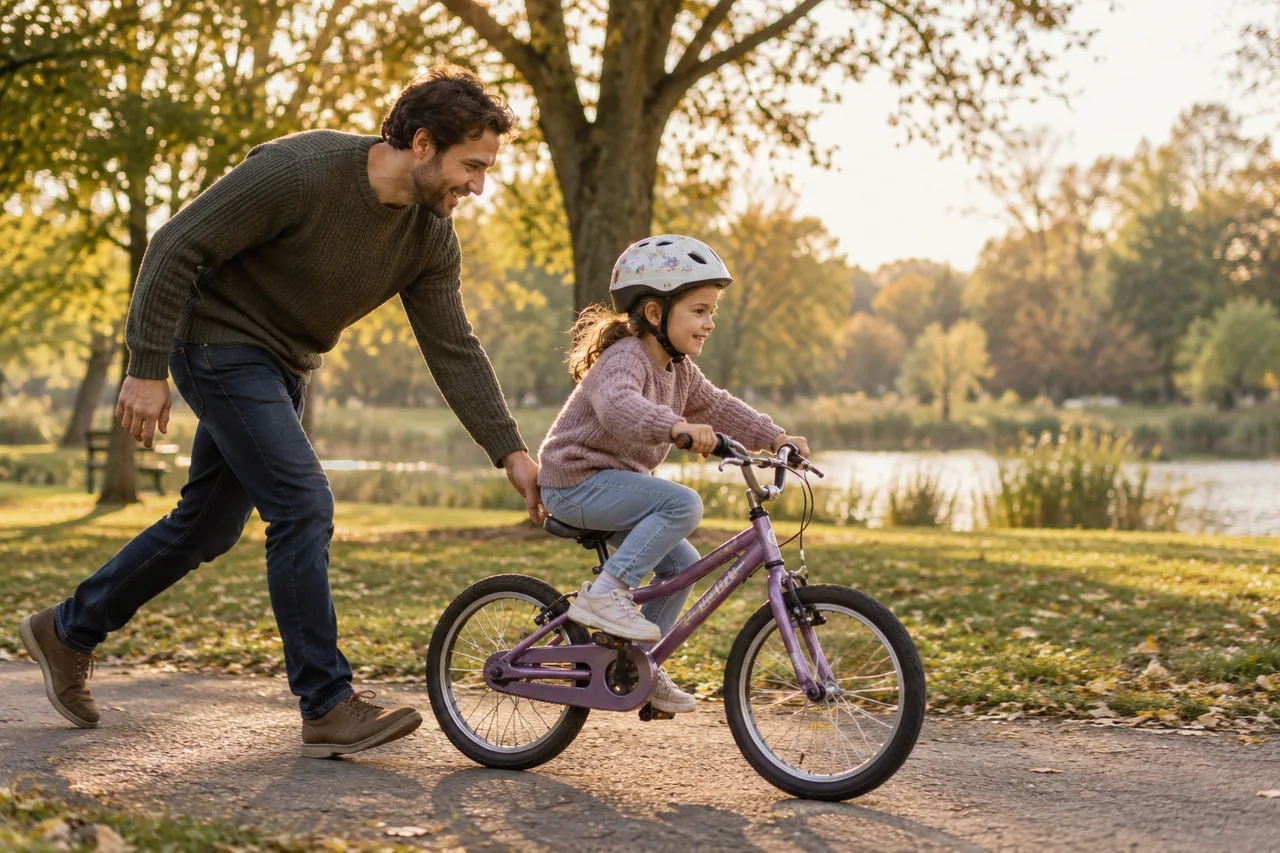 A father helping his daughter learn to ride a bicycle in a park.