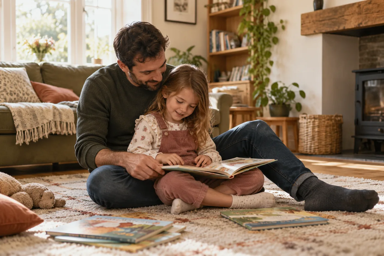 A father and daughter reading a picture book together on a rug.
